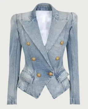 Denim Peak Lapel Double Breasted Gold Button Blazer