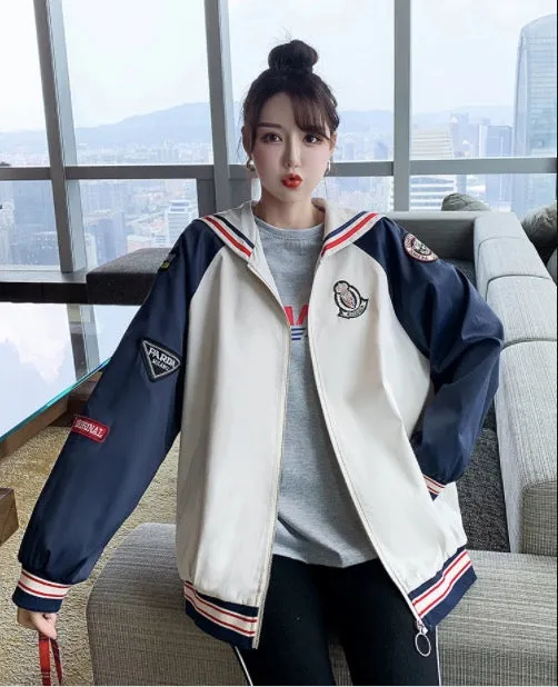 Fall Color Blocking Work Jacket Loose Casual Student BF Coat