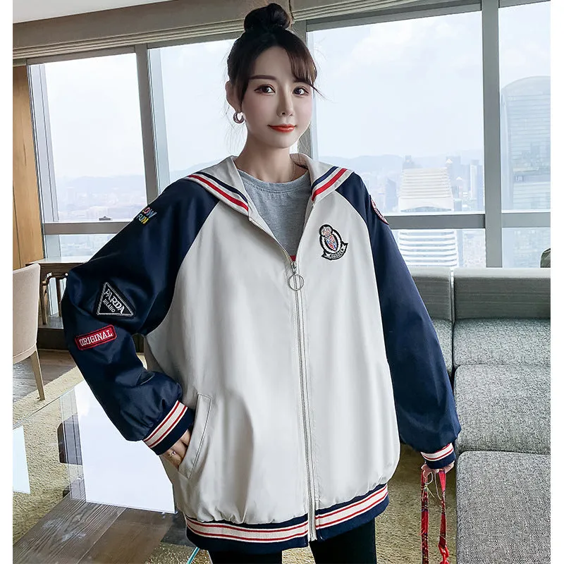 Fall Color Blocking Work Jacket Loose Casual Student BF Coat