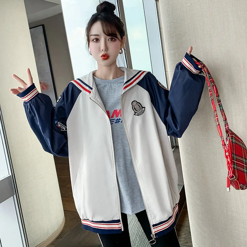 Fall Color Blocking Work Jacket Loose Casual Student BF Coat