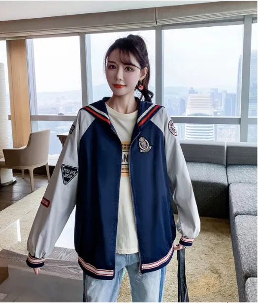 Fall Color Blocking Work Jacket Loose Casual Student BF Coat
