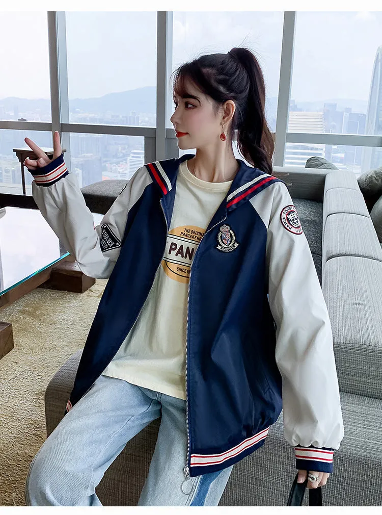 Fall Color Blocking Work Jacket Loose Casual Student BF Coat