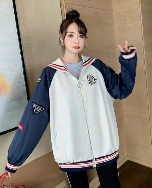 Fall Color Blocking Work Jacket Loose Casual Student BF Coat