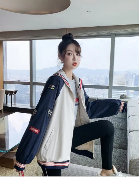 Fall Color Blocking Work Jacket Loose Casual Student BF Coat