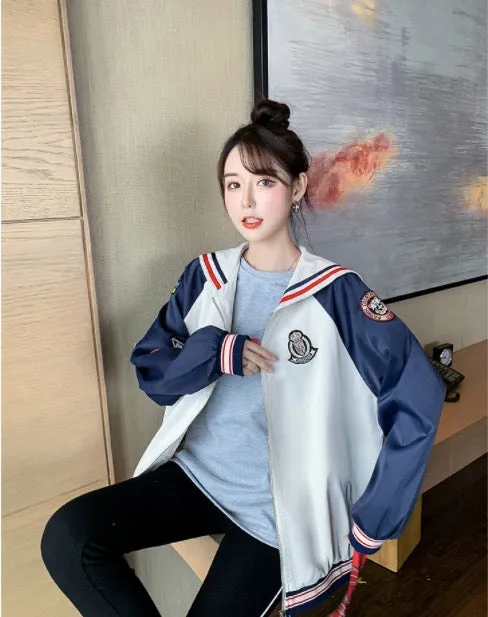 Fall Color Blocking Work Jacket Loose Casual Student BF Coat