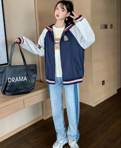 Fall Color Blocking Work Jacket Loose Casual Student BF Coat
