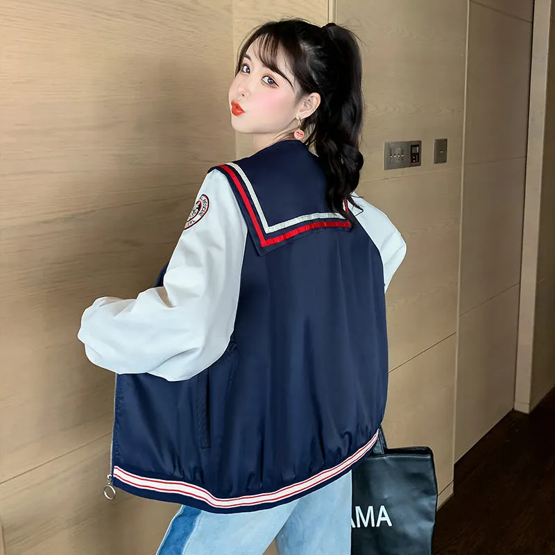 Fall Color Blocking Work Jacket Loose Casual Student BF Coat