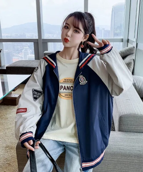 Fall Color Blocking Work Jacket Loose Casual Student BF Coat
