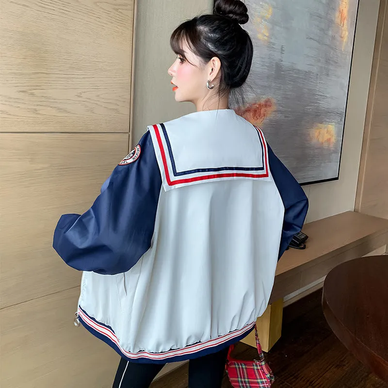 Fall Color Blocking Work Jacket Loose Casual Student BF Coat