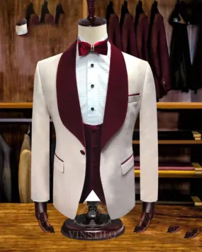Fantastic  Ivory Burgundy Velvet Lapel Wedding Suits for Men 2021 3 Pieces (Jacket pants vest) CB10919