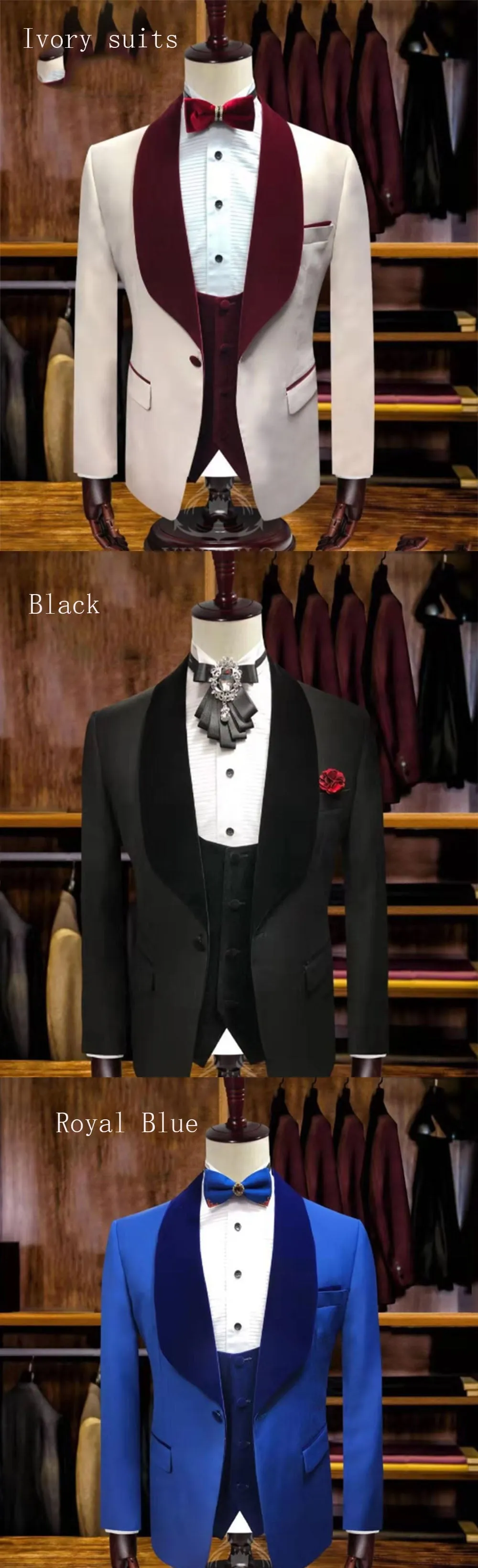 Fantastic  Ivory Burgundy Velvet Lapel Wedding Suits for Men 2021 3 Pieces (Jacket pants vest) CB10919