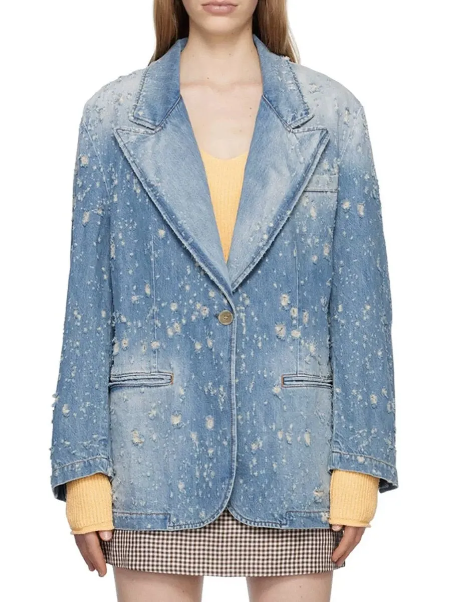 Fashion Designer Jacket Women's Perforated Wash  Loose Long Denim Blazer