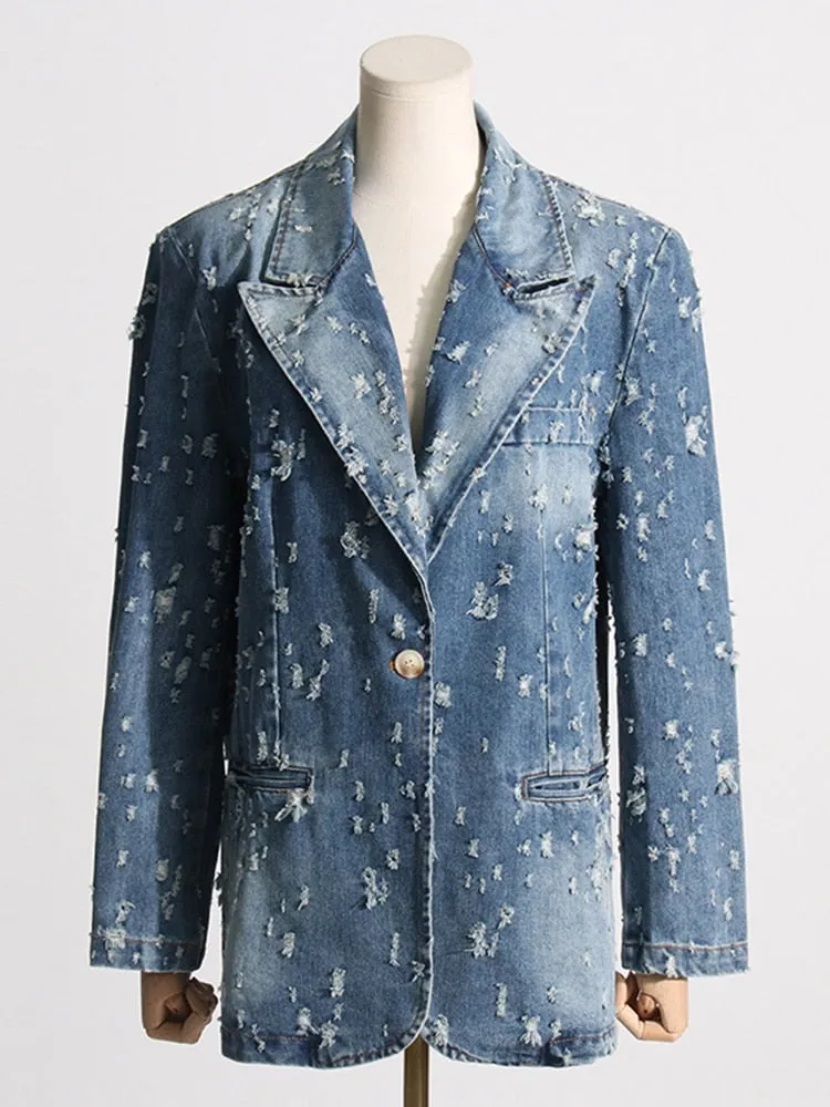 Fashion Designer Jacket Women's Perforated Wash  Loose Long Denim Blazer