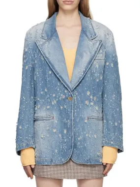 Fashion Designer Jacket Women's Perforated Wash  Loose Long Denim Blazer
