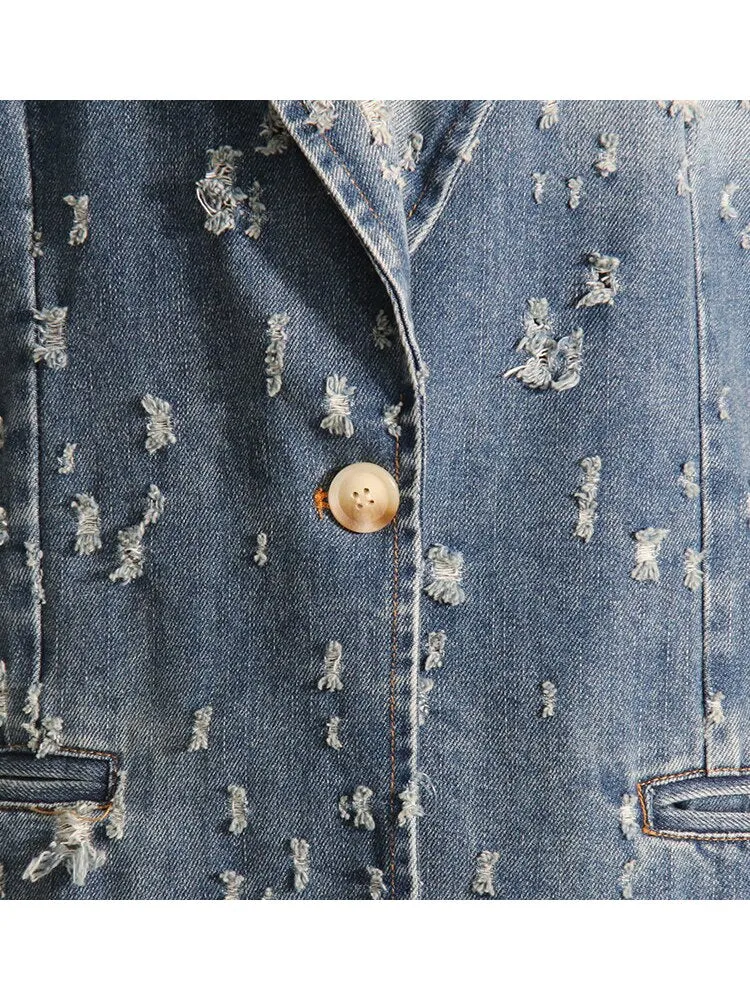 Fashion Designer Jacket Women's Perforated Wash  Loose Long Denim Blazer