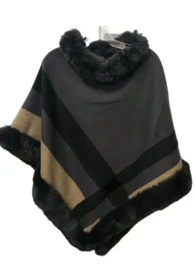 Faux Fur Trim Poncho-Charcoal/Beige-50% OFF