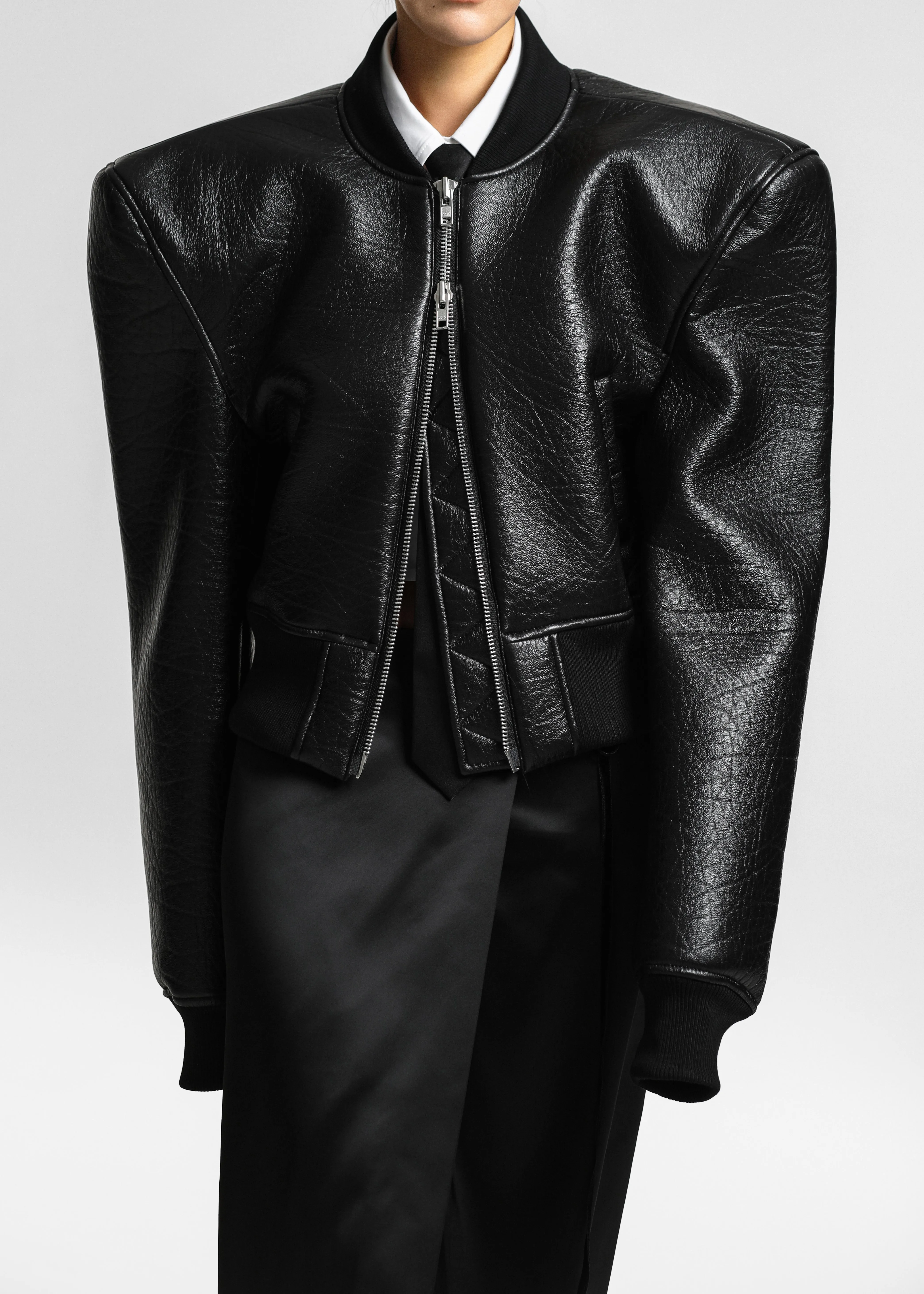Glane Faux Leather Bomber Jacket - Black