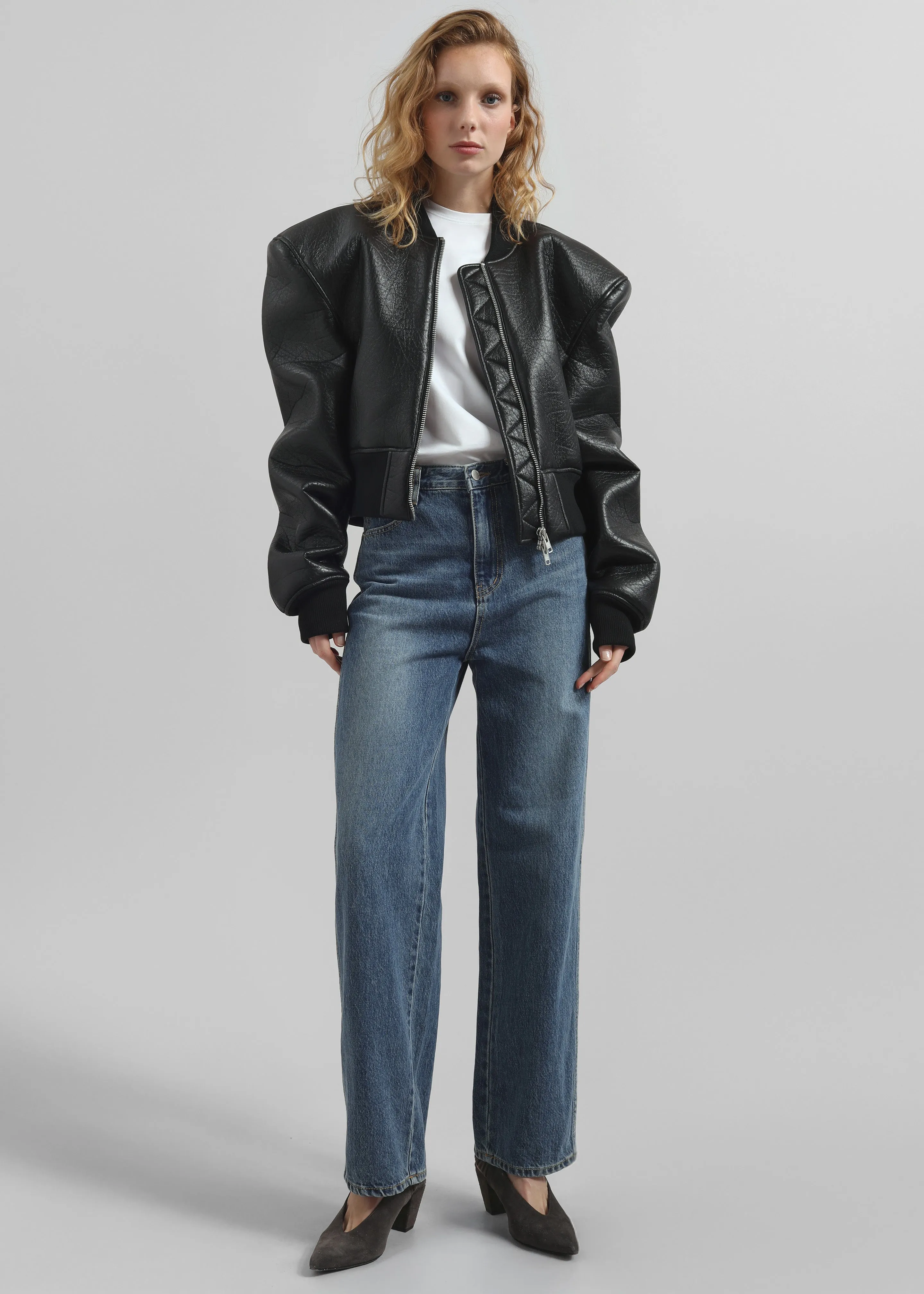 Glane Faux Leather Bomber Jacket - Black
