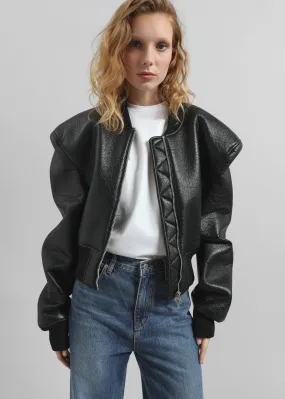 Glane Faux Leather Bomber Jacket - Black