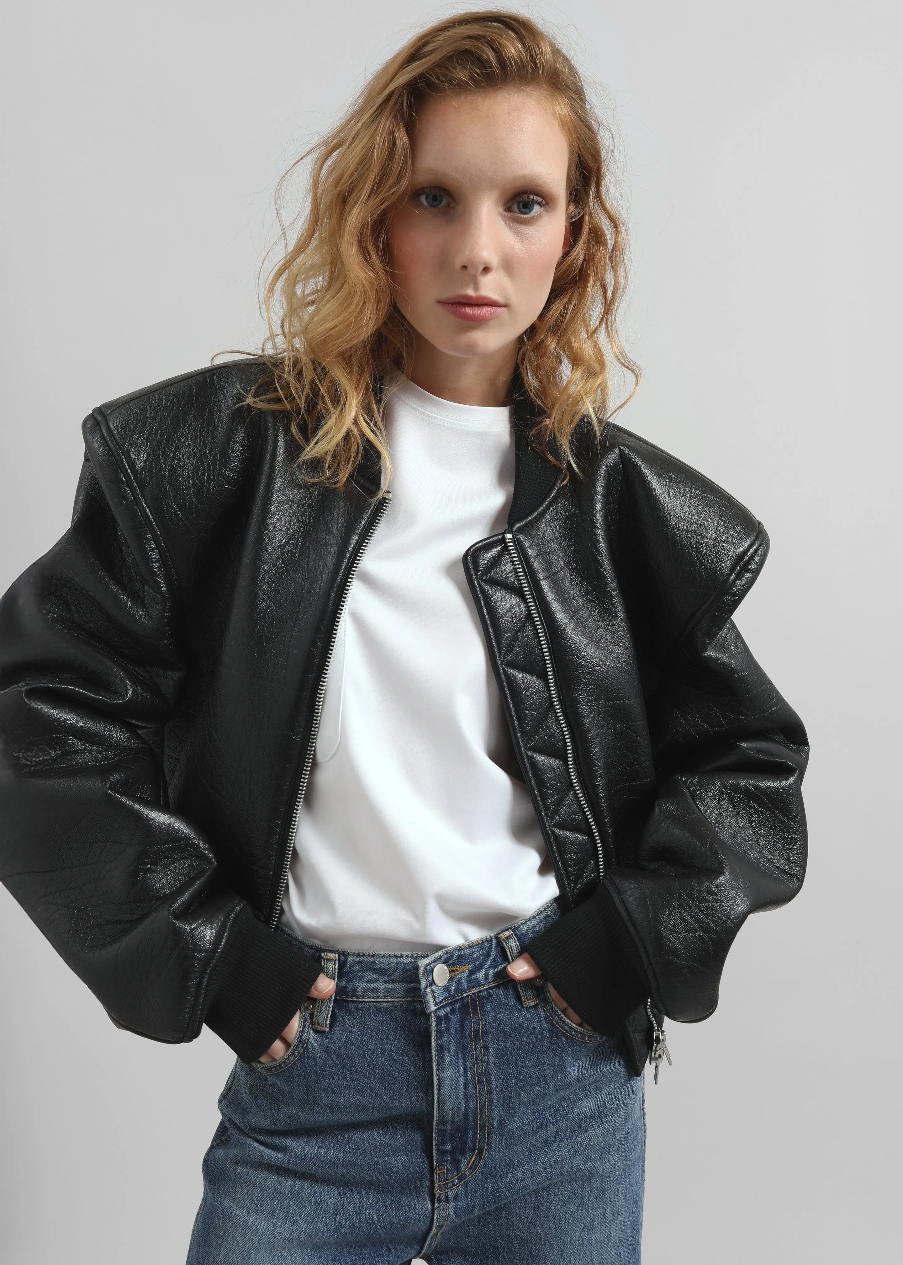 Glane Faux Leather Bomber Jacket - Black
