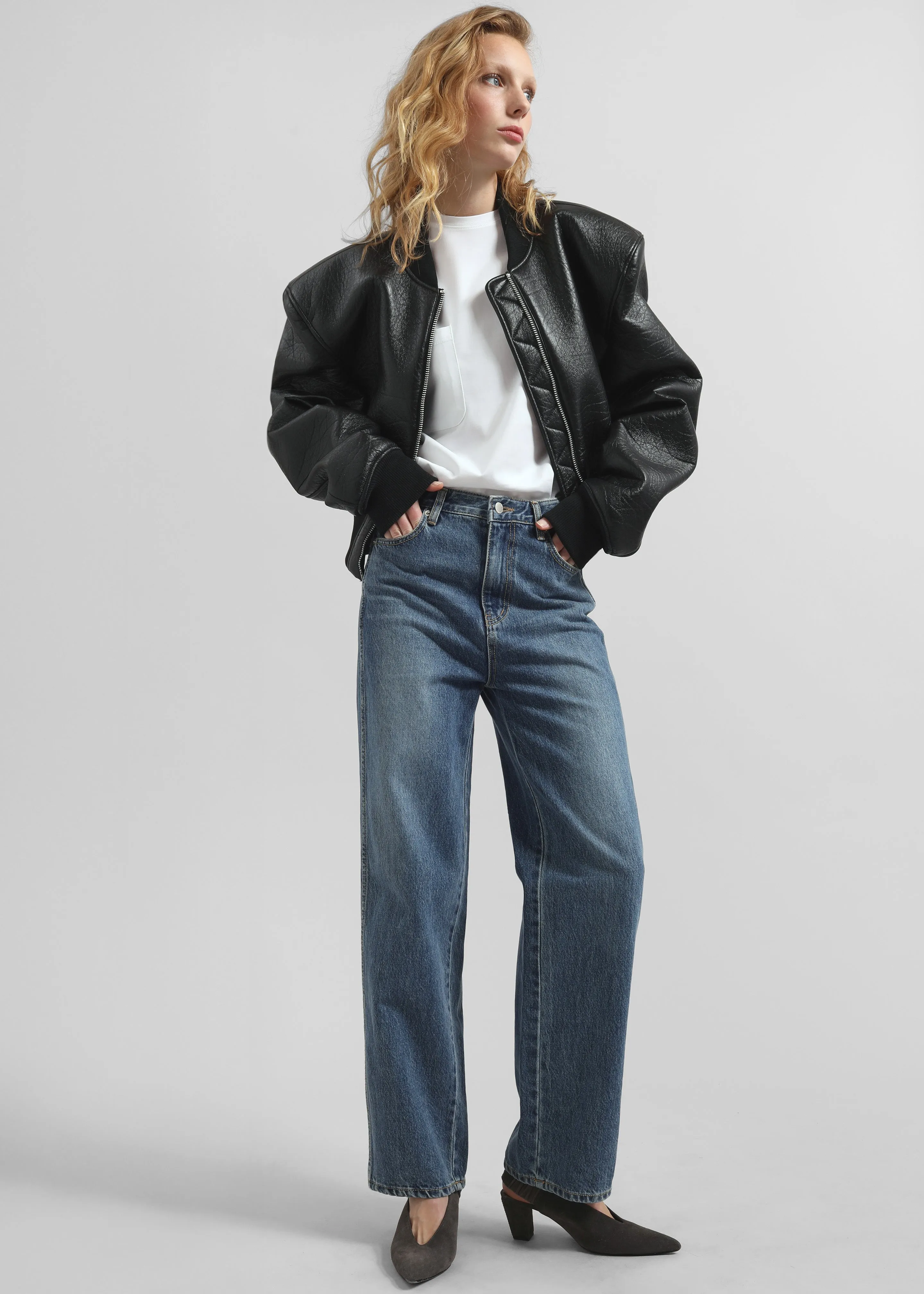 Glane Faux Leather Bomber Jacket - Black