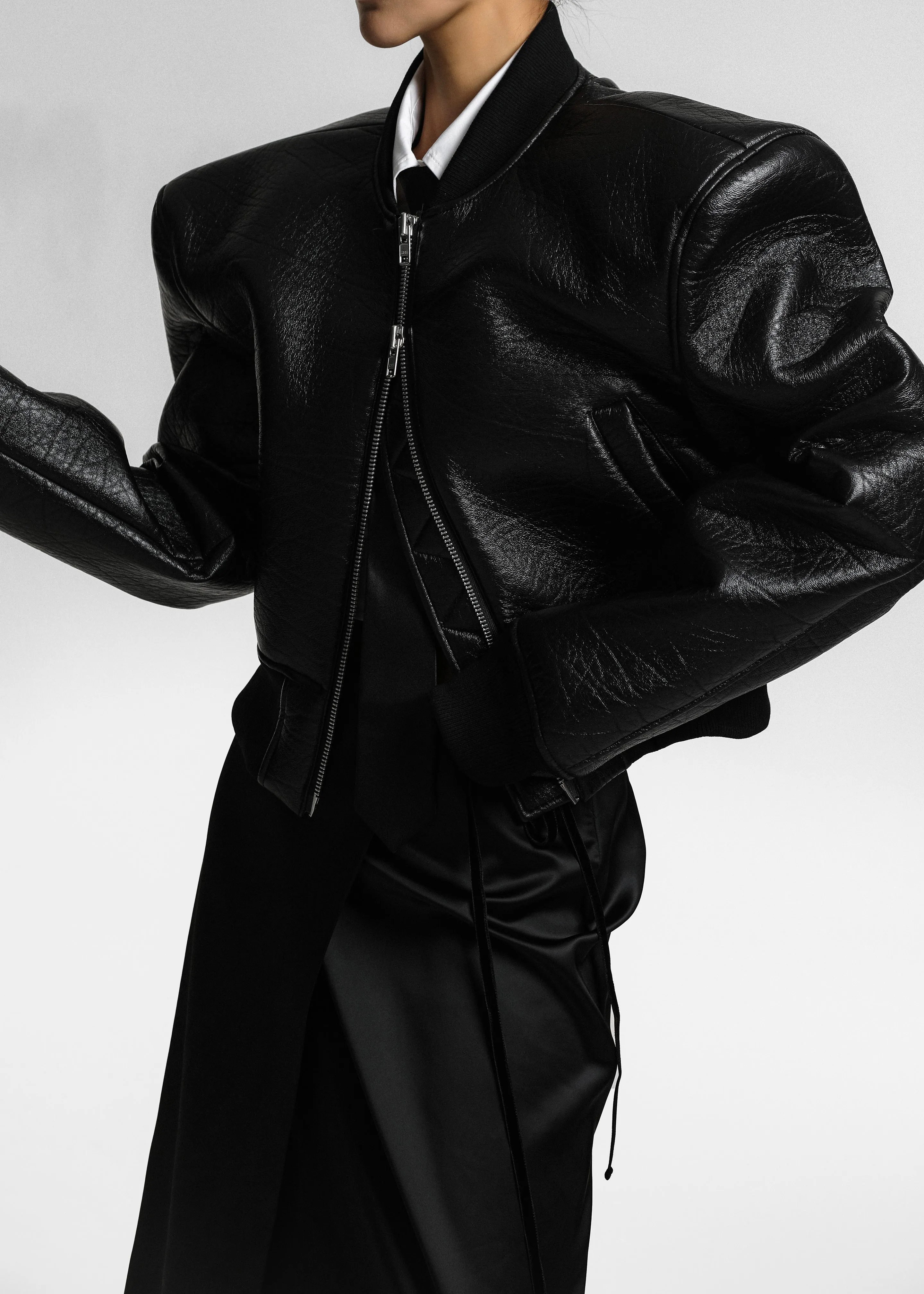 Glane Faux Leather Bomber Jacket - Black