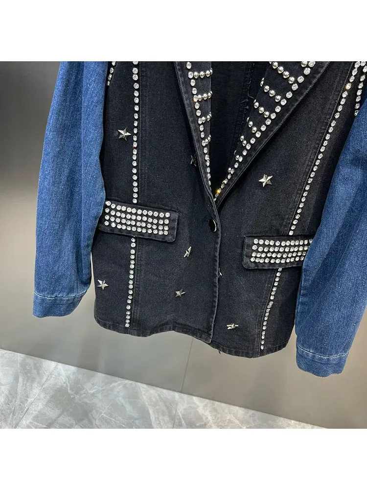 HIGH STREET fashion Women's Beaded Diamond Contrasting Denim Blazer
