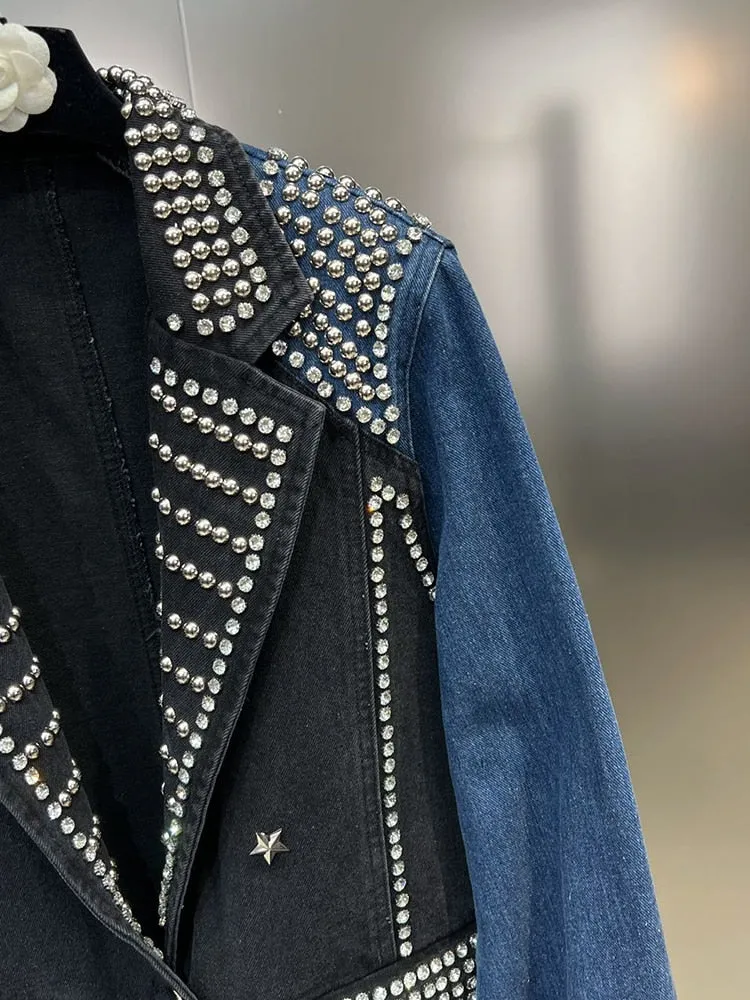 HIGH STREET fashion Women's Beaded Diamond Contrasting Denim Blazer