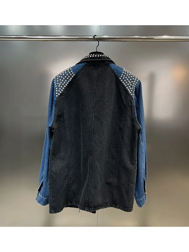 HIGH STREET fashion Women's Beaded Diamond Contrasting Denim Blazer