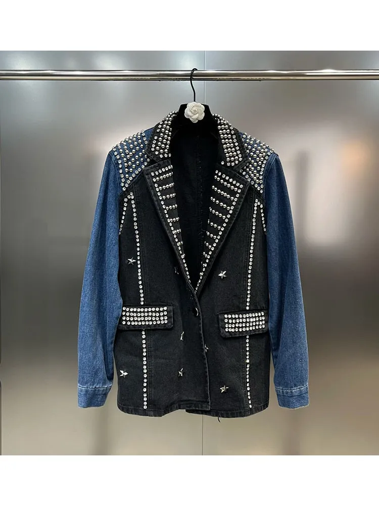HIGH STREET fashion Women's Beaded Diamond Contrasting Denim Blazer