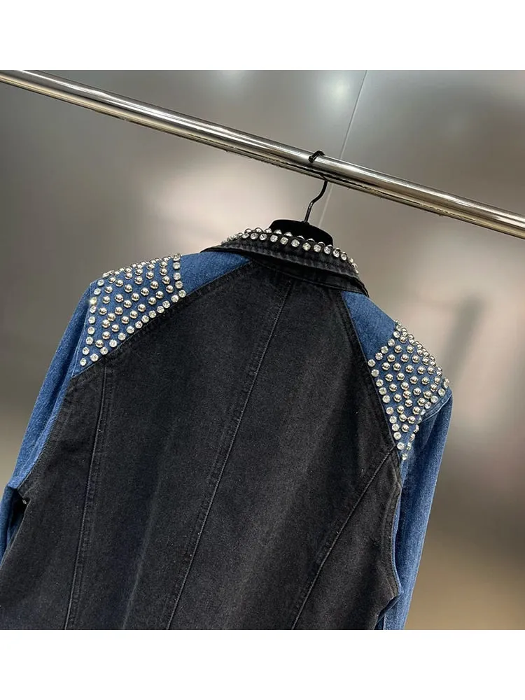 HIGH STREET fashion Women's Beaded Diamond Contrasting Denim Blazer
