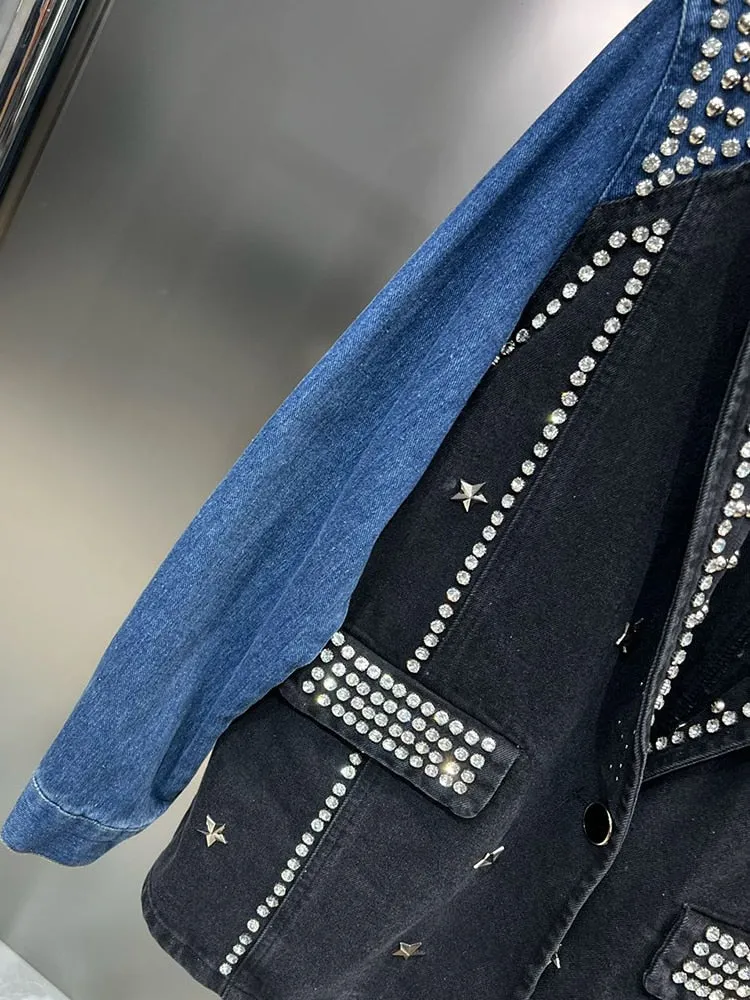 HIGH STREET fashion Women's Beaded Diamond Contrasting Denim Blazer