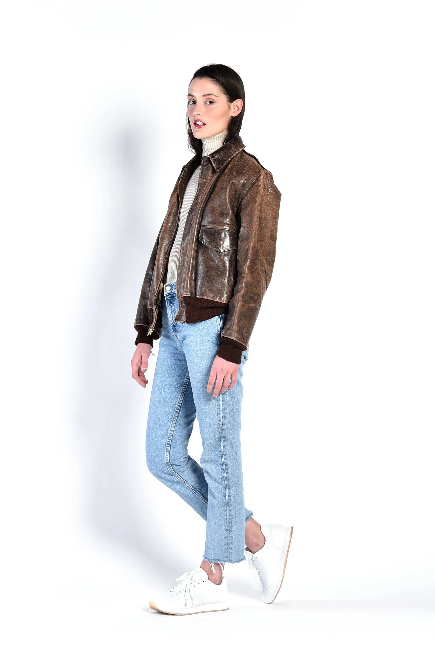Jackie Distressed Leather Bomber Jacket