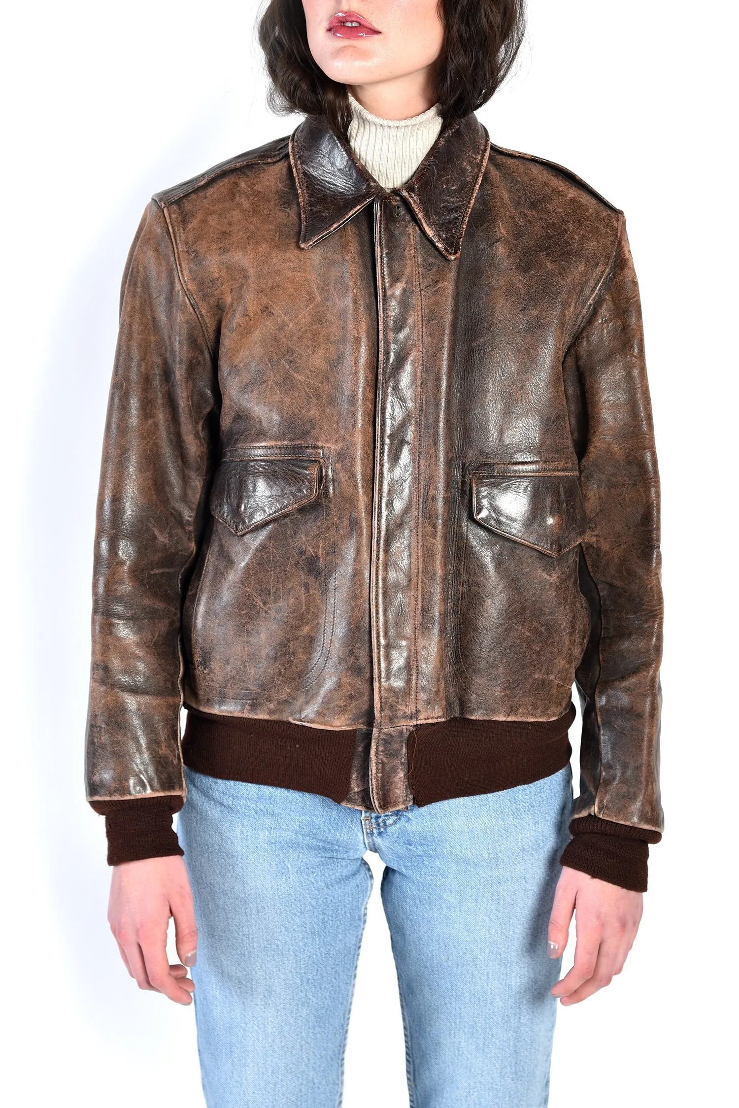 Jackie Distressed Leather Bomber Jacket