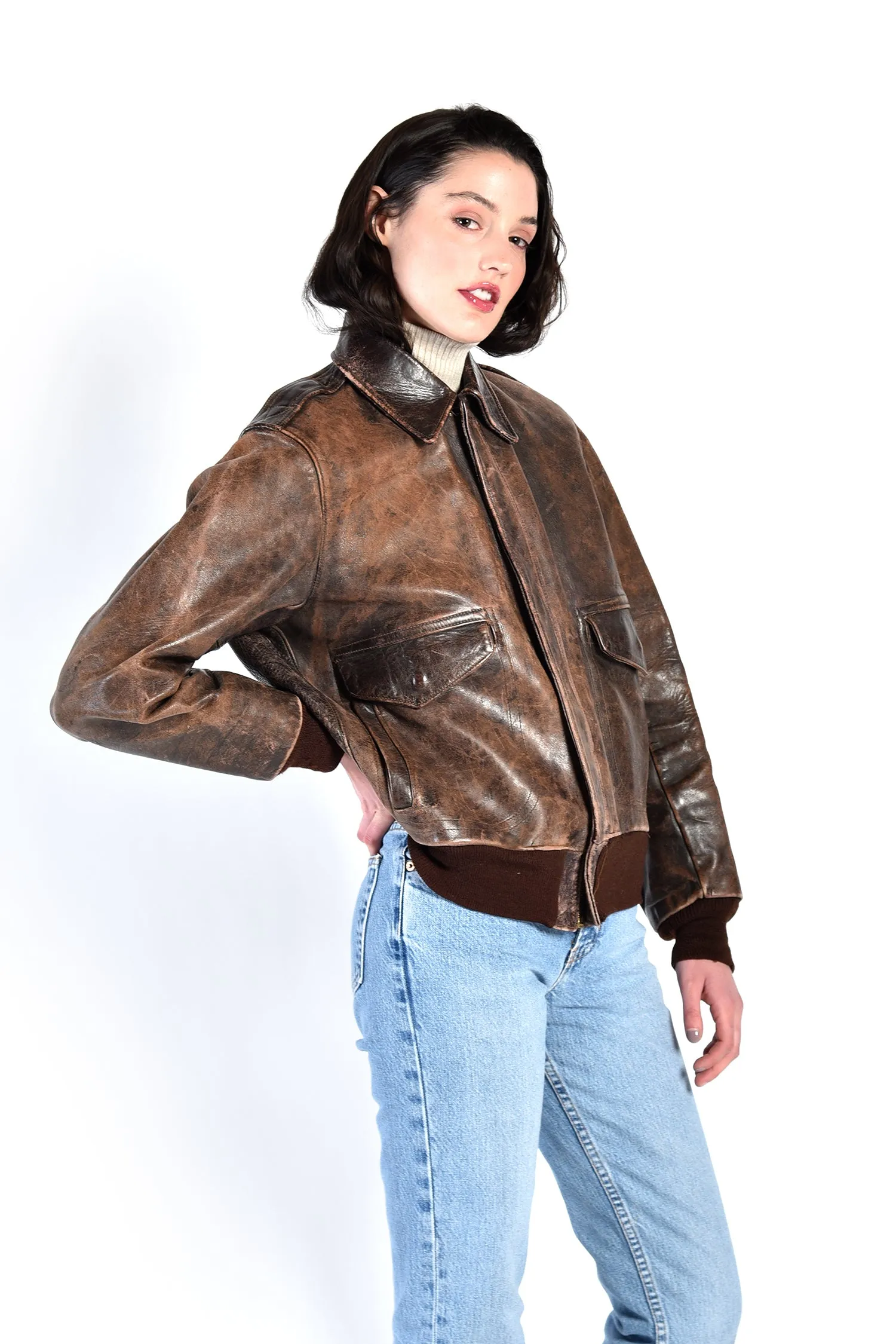 Jackie Distressed Leather Bomber Jacket