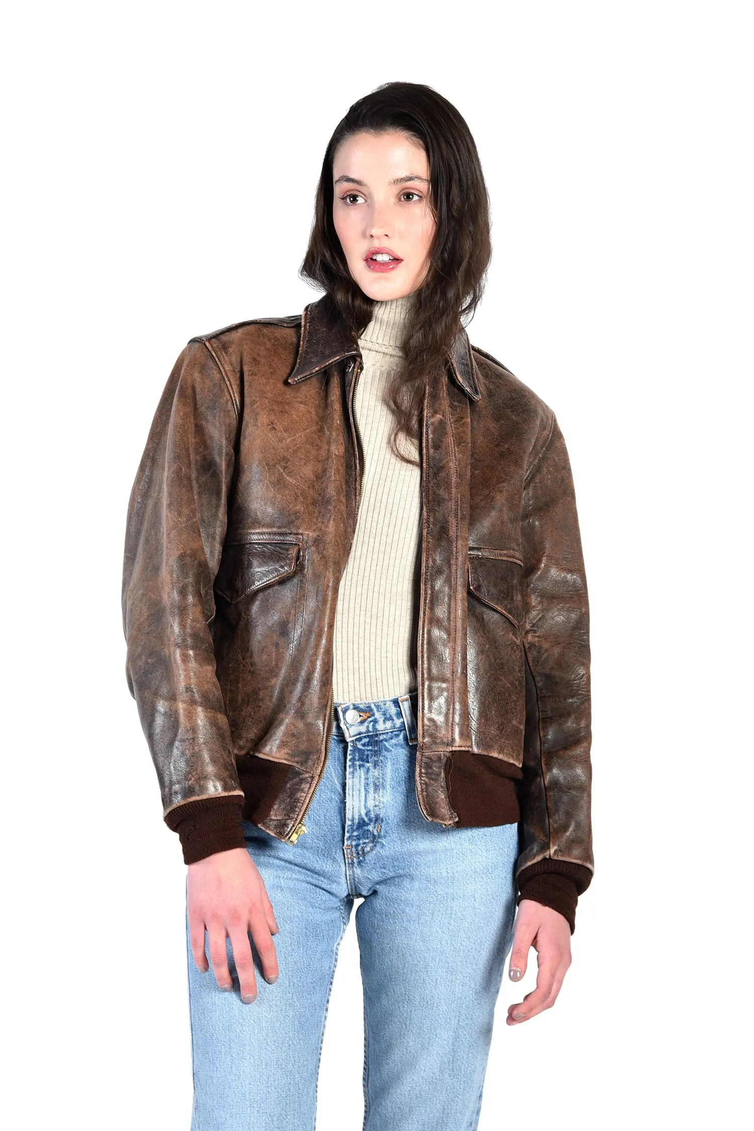 Jackie Distressed Leather Bomber Jacket