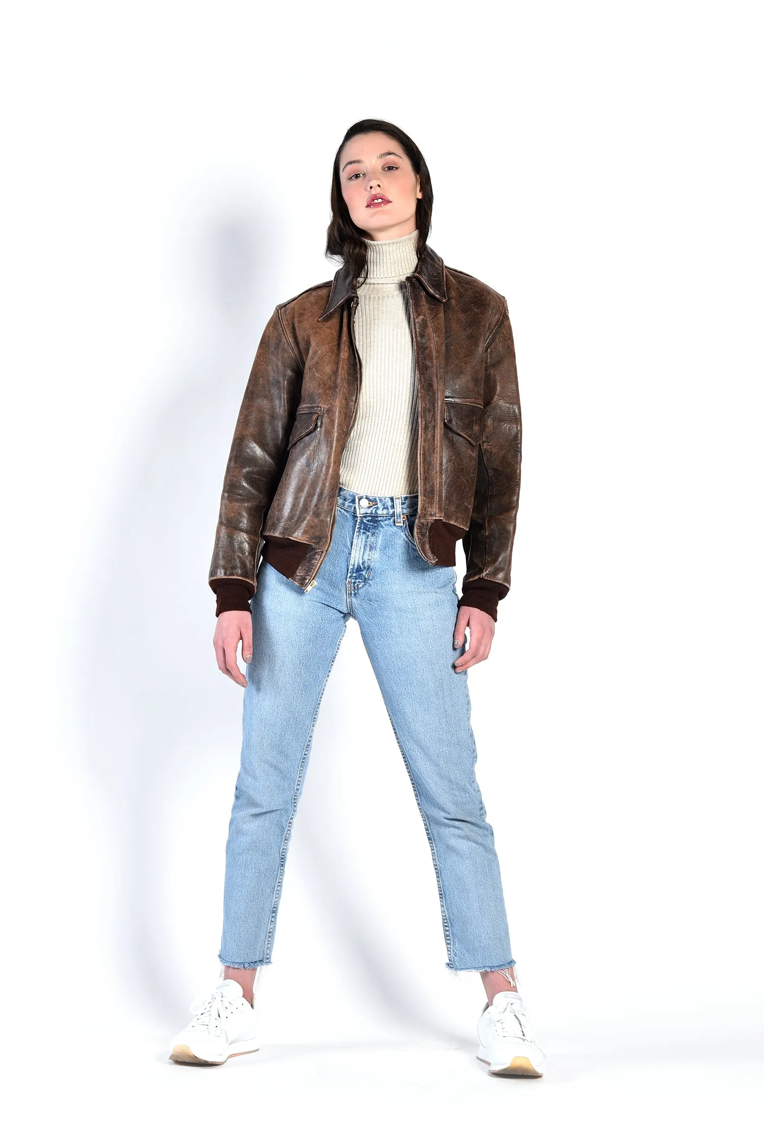 Jackie Distressed Leather Bomber Jacket
