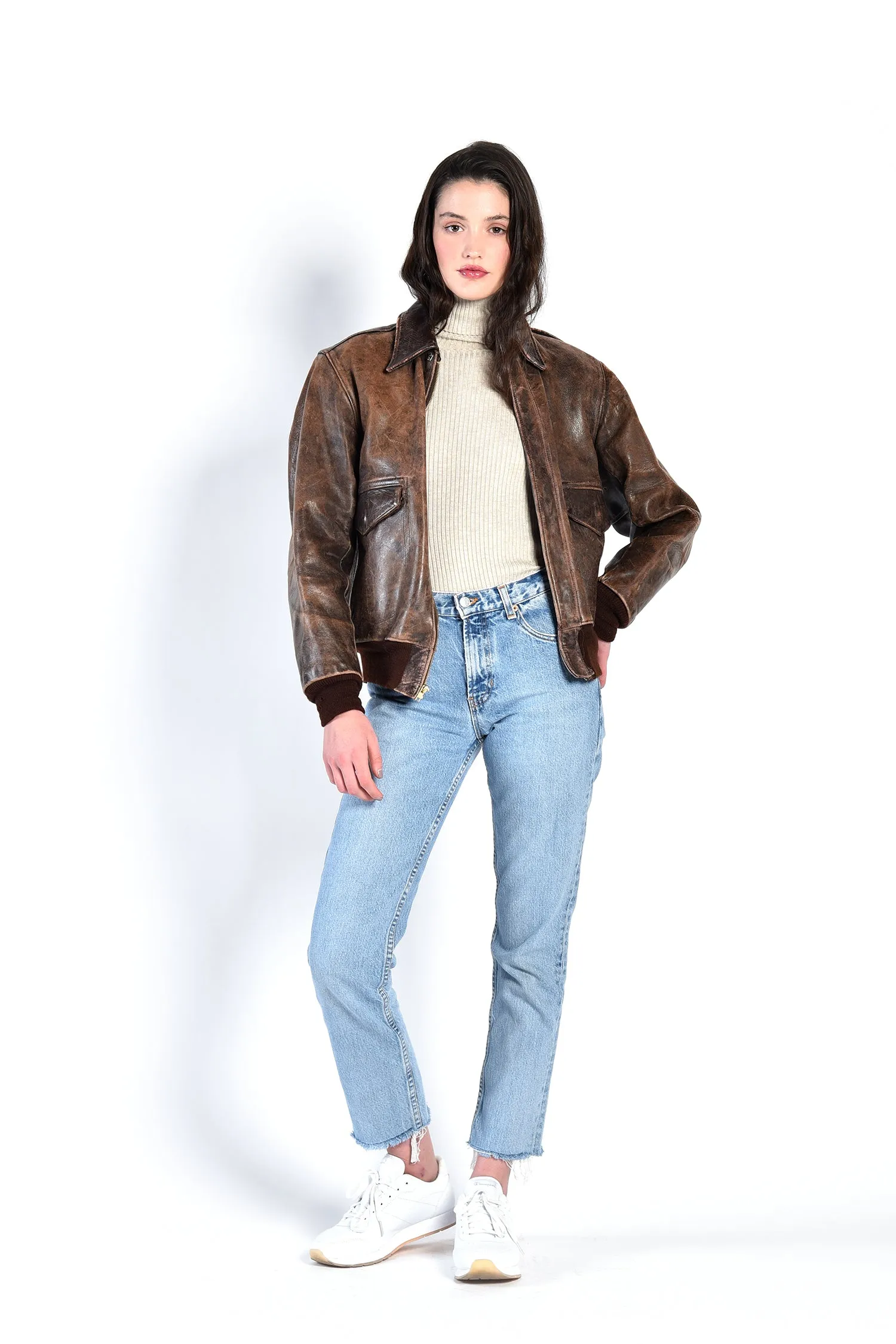 Jackie Distressed Leather Bomber Jacket