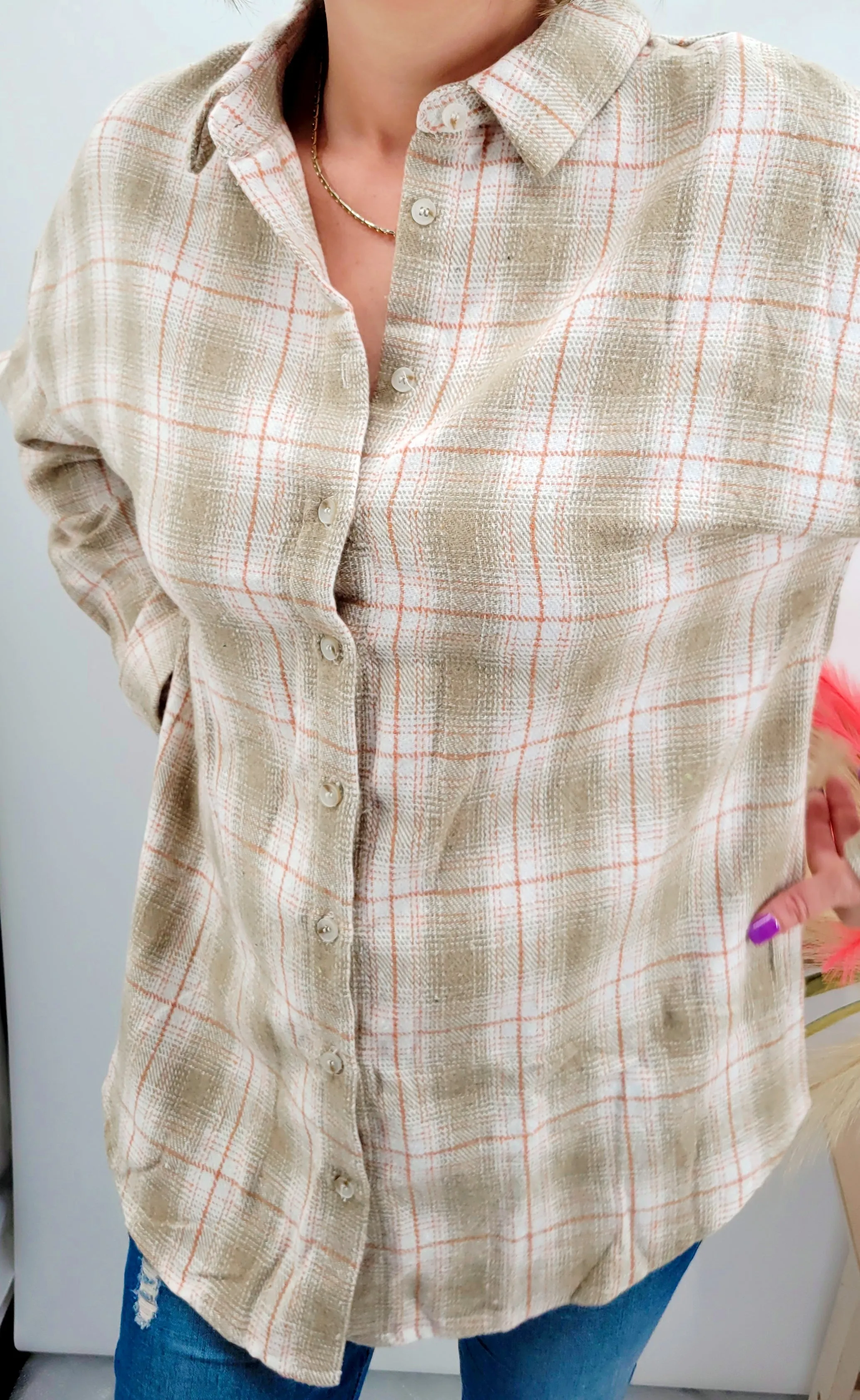 Just Peachy Khaki Turn Down Collar Plaid Shirt