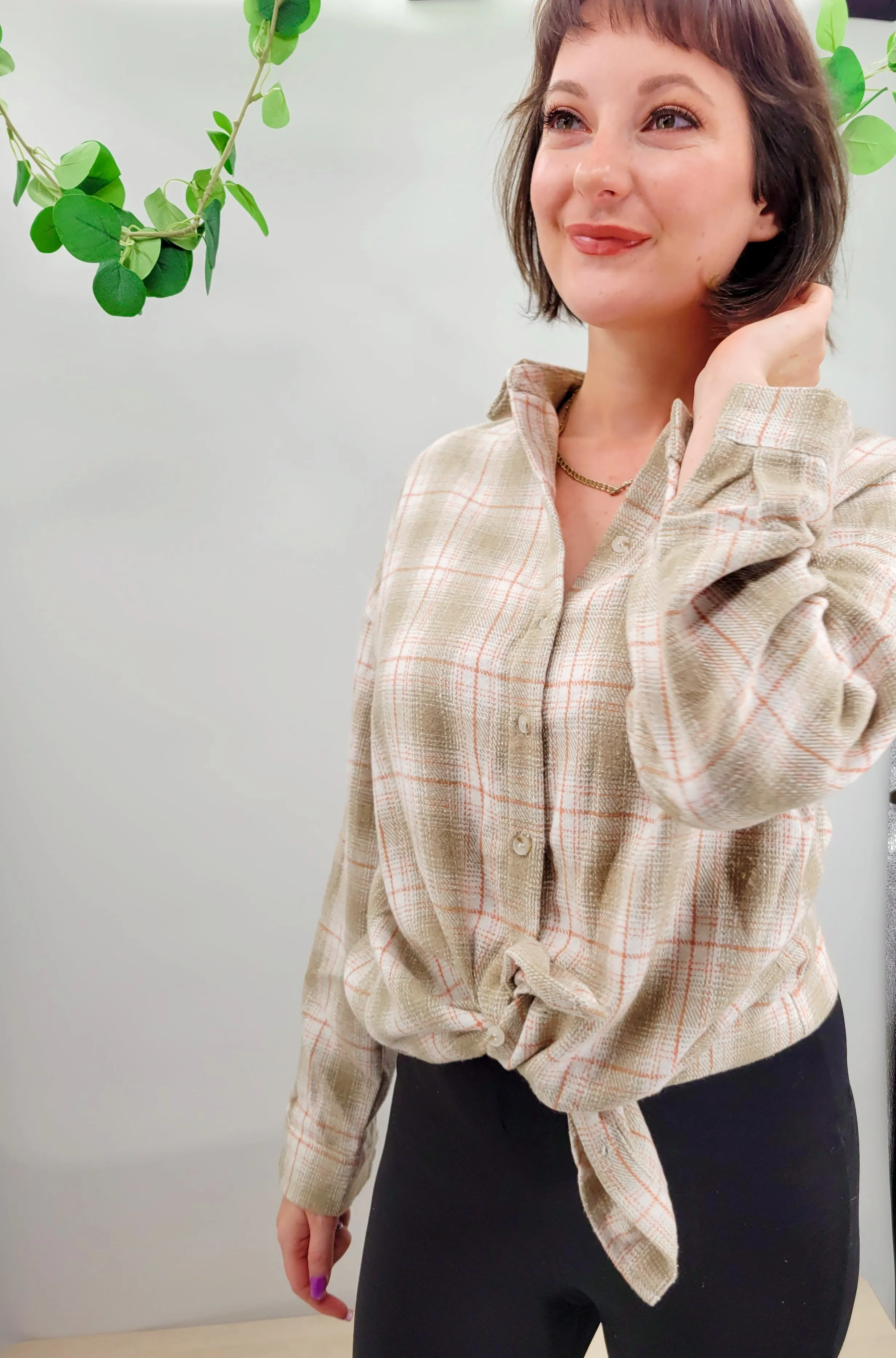Just Peachy Khaki Turn Down Collar Plaid Shirt