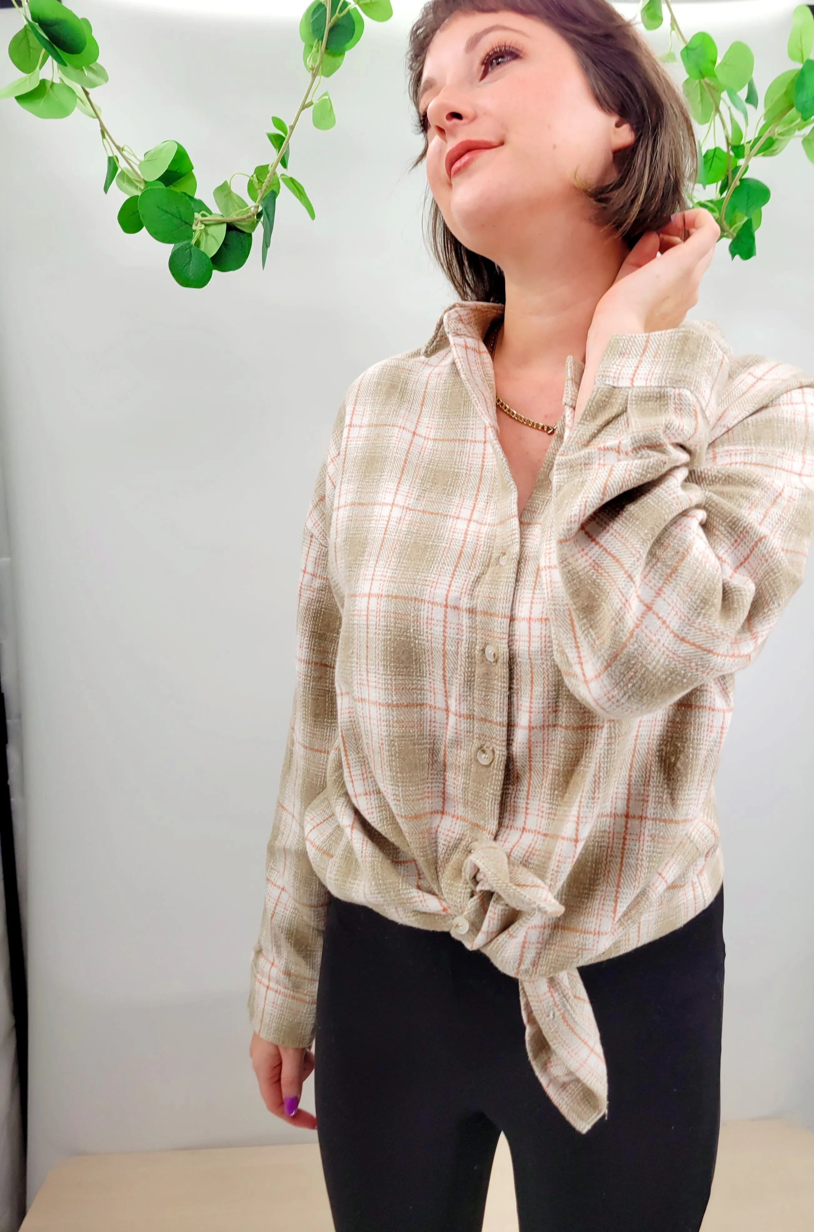 Just Peachy Khaki Turn Down Collar Plaid Shirt