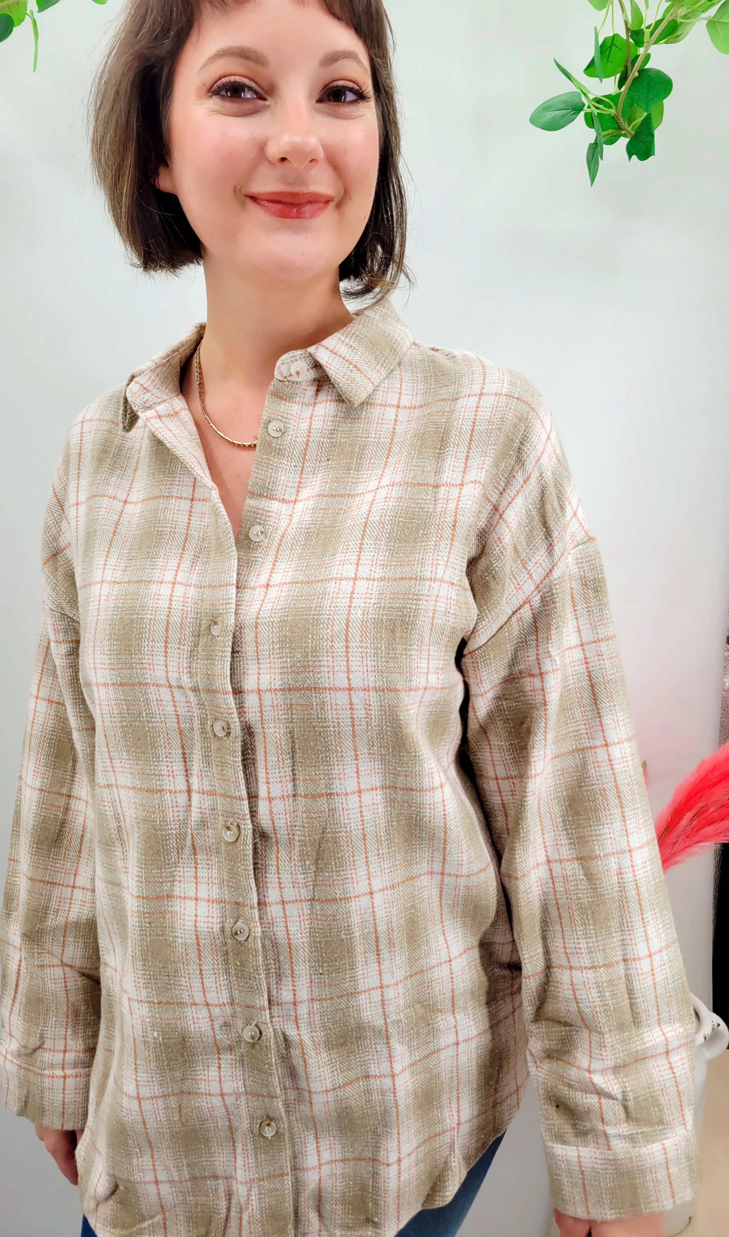 Just Peachy Khaki Turn Down Collar Plaid Shirt