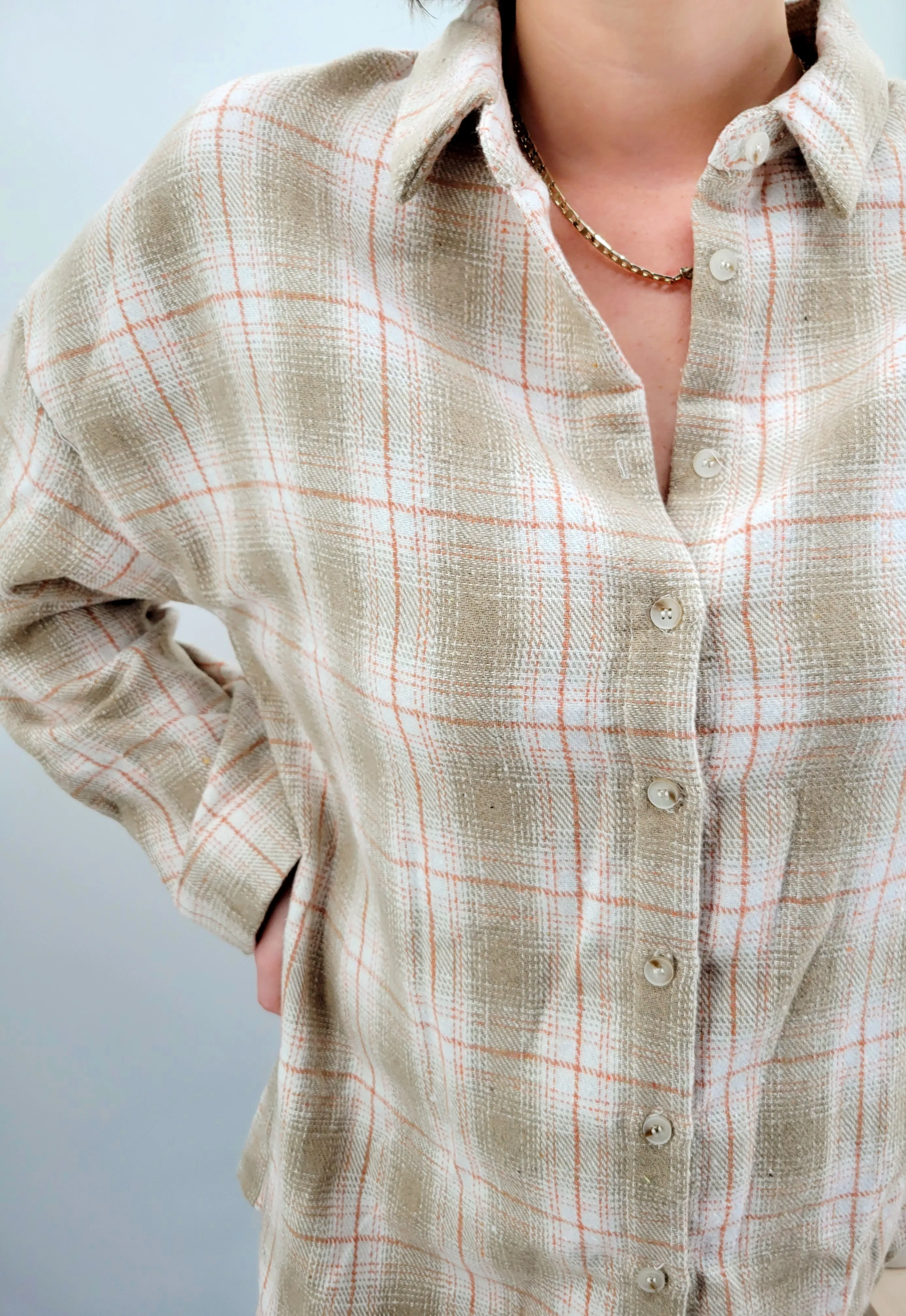 Just Peachy Khaki Turn Down Collar Plaid Shirt