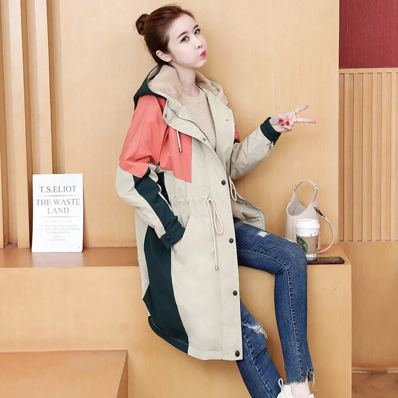 Large Size Autumn And Winter Loose Hooded Thickened Cotton Windbreaker Long Coat