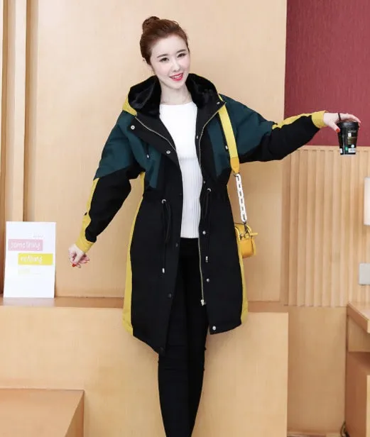 Large Size Autumn And Winter Loose Hooded Thickened Cotton Windbreaker Long Coat
