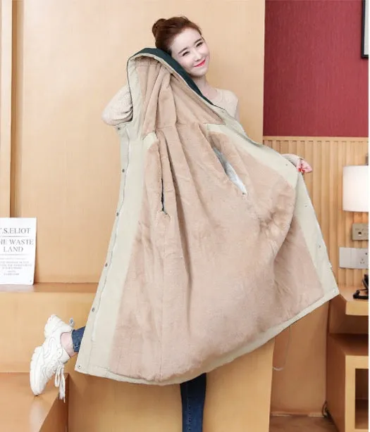 Large Size Autumn And Winter Loose Hooded Thickened Cotton Windbreaker Long Coat