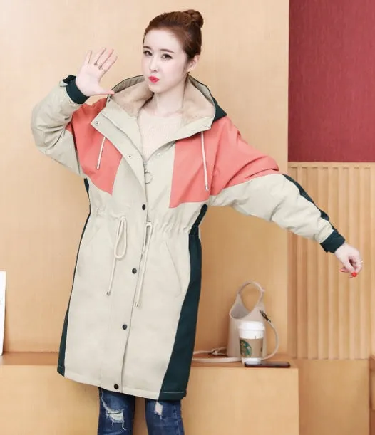 Large Size Autumn And Winter Loose Hooded Thickened Cotton Windbreaker Long Coat