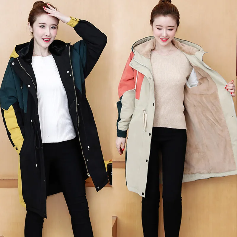 Large Size Autumn And Winter Loose Hooded Thickened Cotton Windbreaker Long Coat
