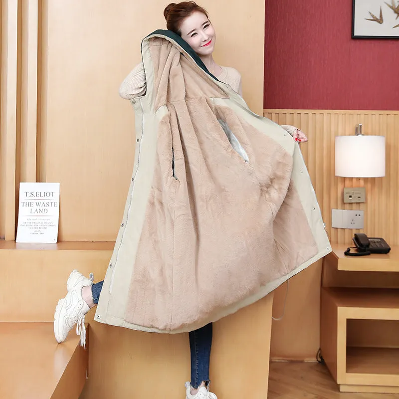 Large Size Autumn And Winter Loose Hooded Thickened Cotton Windbreaker Long Coat