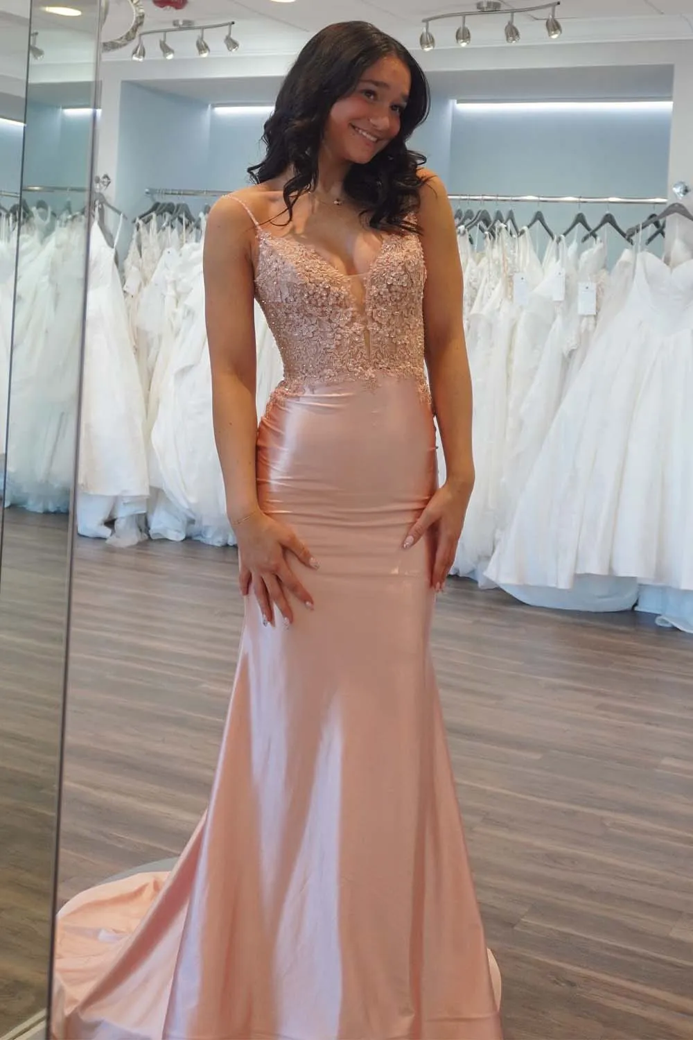 Light Pink Satin Appliques Prom Dress